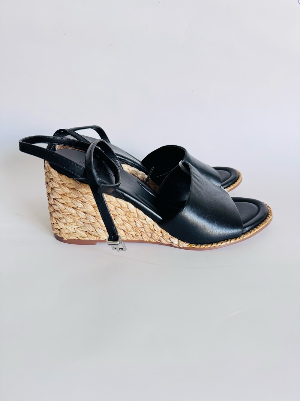 Nordstrom Black Leather Wedge Sandals with Braided Espadrille Heel